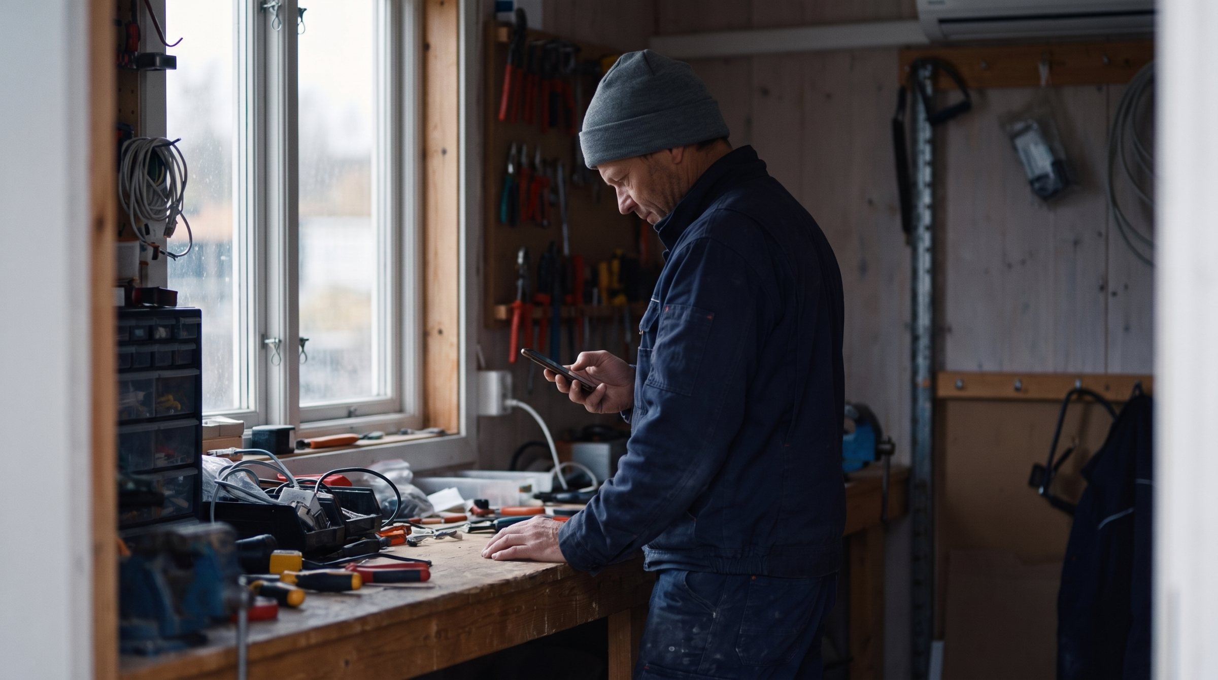 Håndverker ser på mobilen ved arbeidsbenken i verkstedet